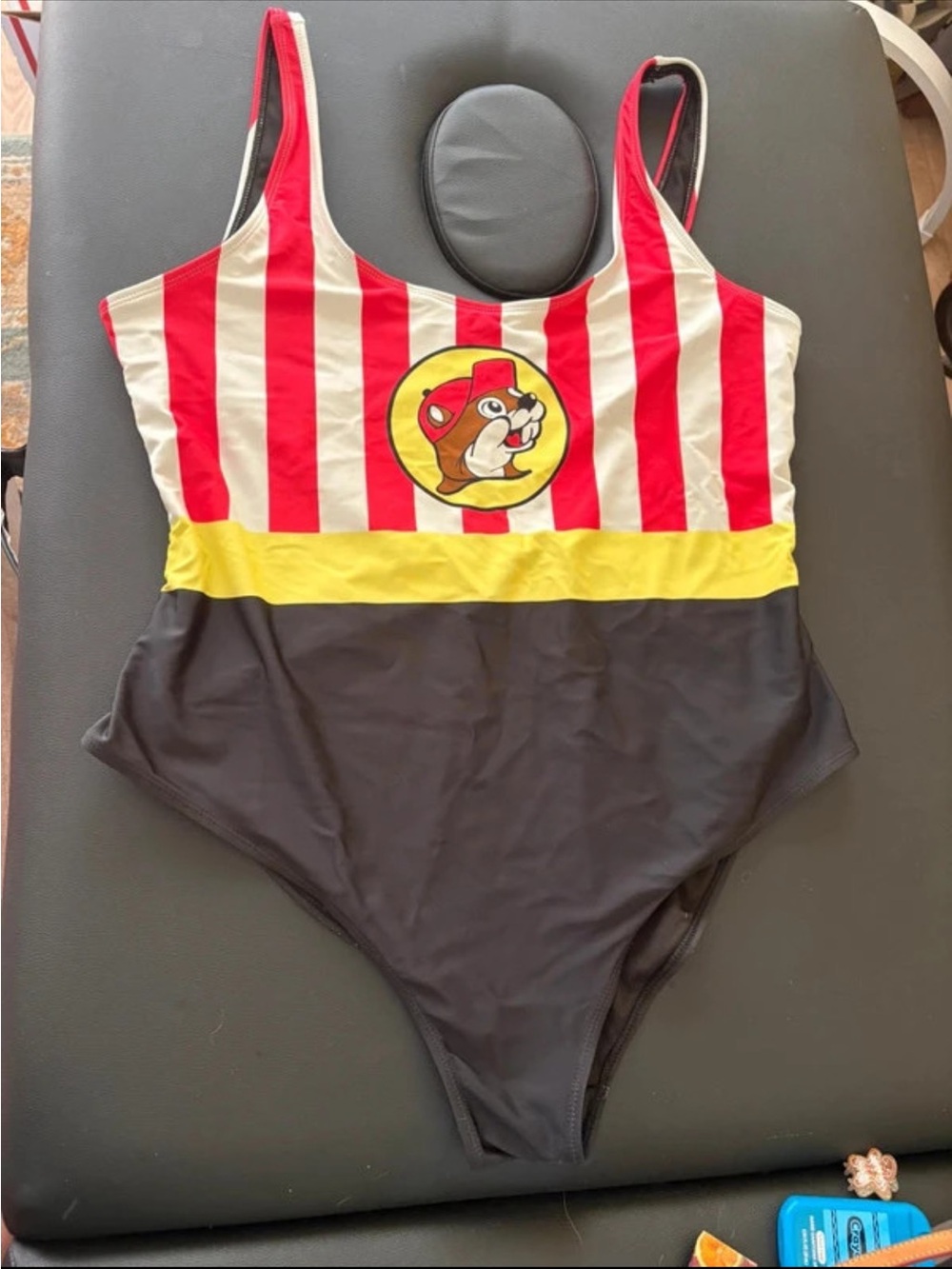 Striped Red & White One-Piece Swimsuit with Yellow Waistband and Black Bottom